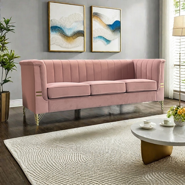 Pink 82.7 Velvet Channel Tufted 3 Seater Sofa with Gold Legs Bed Bath Beyond 41636421