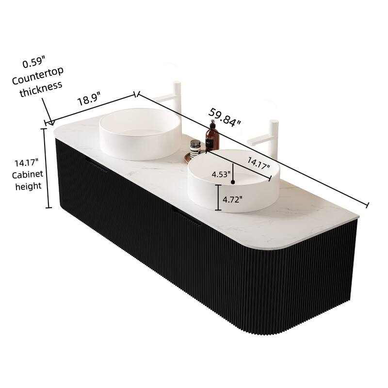 GDFStudio - Dina 60" Floating Bathroom Vanity with Striped Curved Drawers & 2 White Round Ceramic Basins, WITHOUT Faucet
