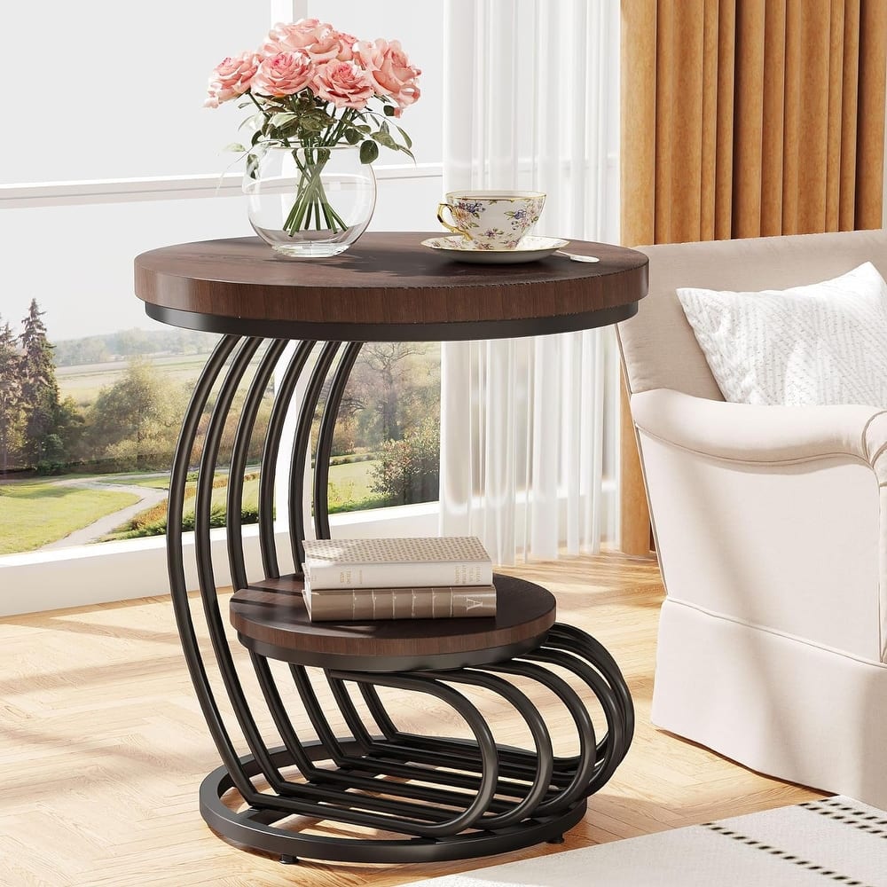 2 Tiers Round End Table with Storage Shelf