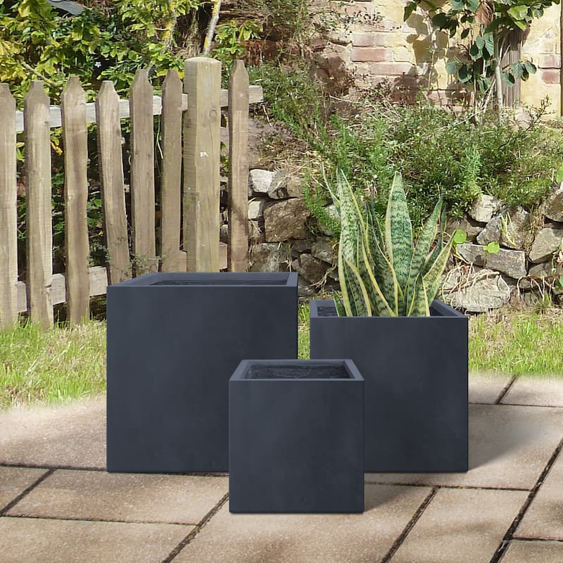 Durx-litecrete Lightweight Concrete Modern Square Granite Planter-Set of 3 :9.8'x9.8'x'9.8,11.8'x11.8'x11.8',15.7'x15.7'x15.7'