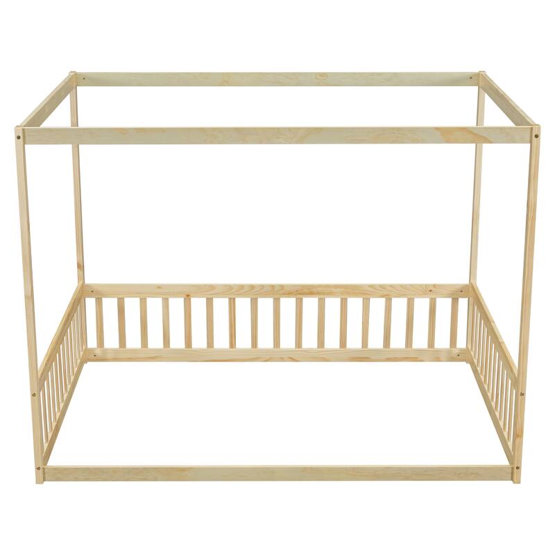 Pine Wood Canopy Frame Floor Bed with Fence and Guardrails for Bedroom