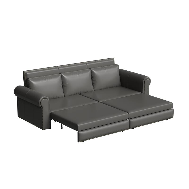 Chesterfield Sofa, 93.7" Faux Leather Convertible Sleeper Sofa Bed, Vintage 3-in-1 Pull Out Couch w/ Nailhead Trim & Rolled Arms