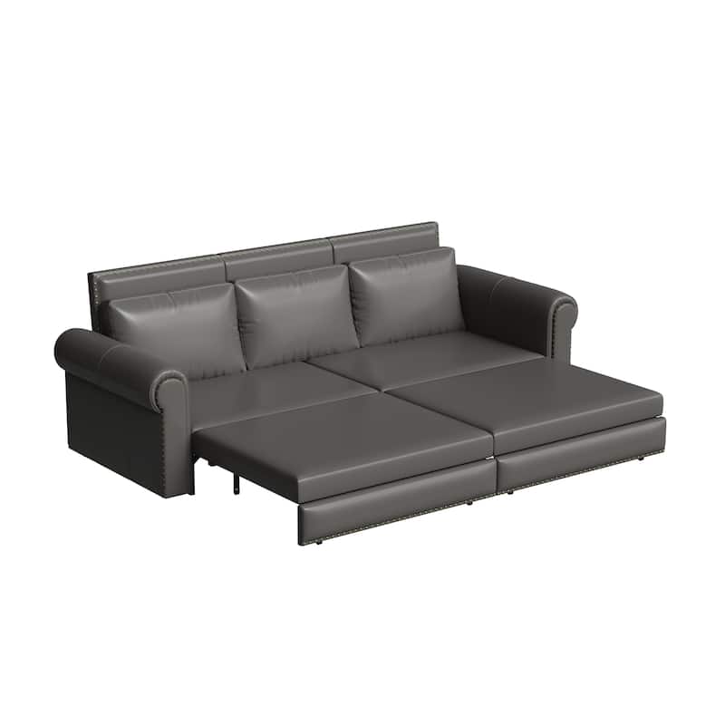 King Pull Out Sofa Bed, 3-in-1 Convertible Leather Sleeper Sofa, Chaise Lounge Daybed with Nailhead Trim & Rolled Arm