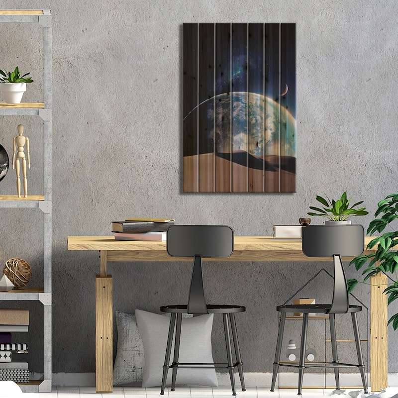 Top Of The Dune Desert And Planet Earth Print On Wood by GEN Z - Multi-Color