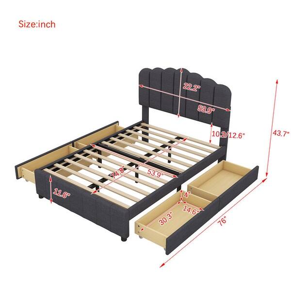 dimension image slide 0 of 2, Upholstered Bed with 4 Storage Drawers,Wood Slat Support