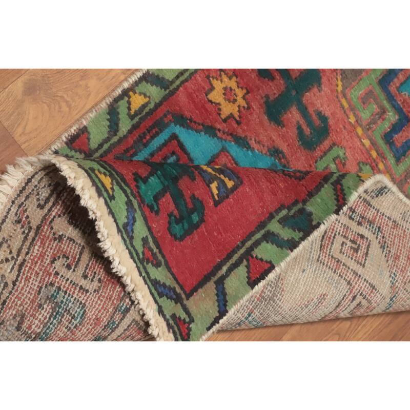 Hand Knotted Oriental 100% Wool Carpet Traditional Geometric Coral Ardebil Runner Rug - 9' 6'' X 2' 2''