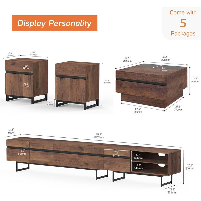 WAMPAT Living Room Table Sets of 4, 70 Inch TV Stand，1 Square Coffee Table and 2 End Table