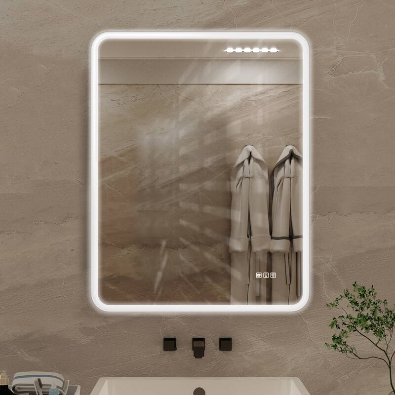 Anti-Fog LED Bathroom Vanity Mirror, Lighted Rectangular Mirror with Memory Function and White Iron Frame