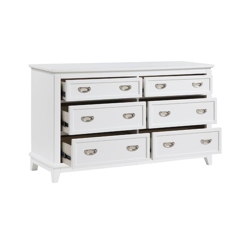 Sely Dresser, 55 Inch, 6 Drawers, White Wood, Nickel Ring Handles