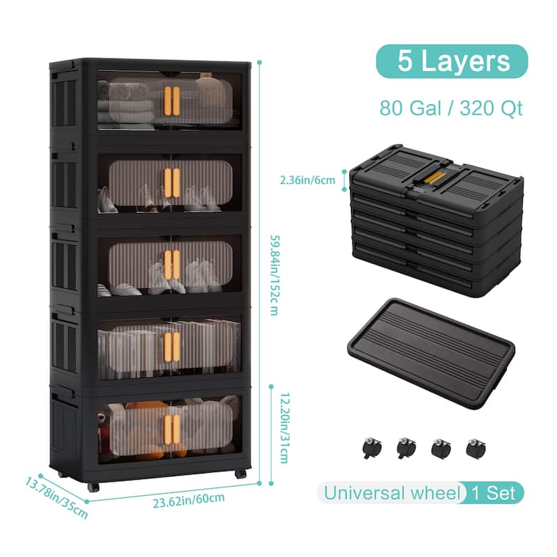 5 Tiers Black 24" Side Wide Folding Storage Cabinet