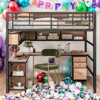 Full Size Metal Loft Bed with Bookcase,Desk and Cabinet for Home