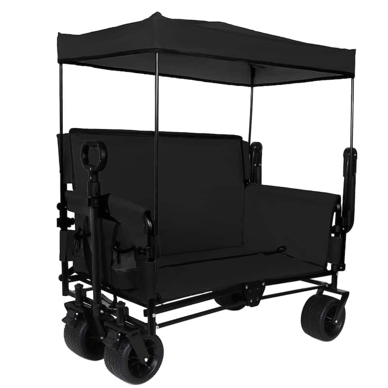 3-in-1 Folding Wagon Cart with Bench Seat & Canopy & Storage, 500lbs Heavy-Duty, 180L Capacity, All-Terrain Wagon