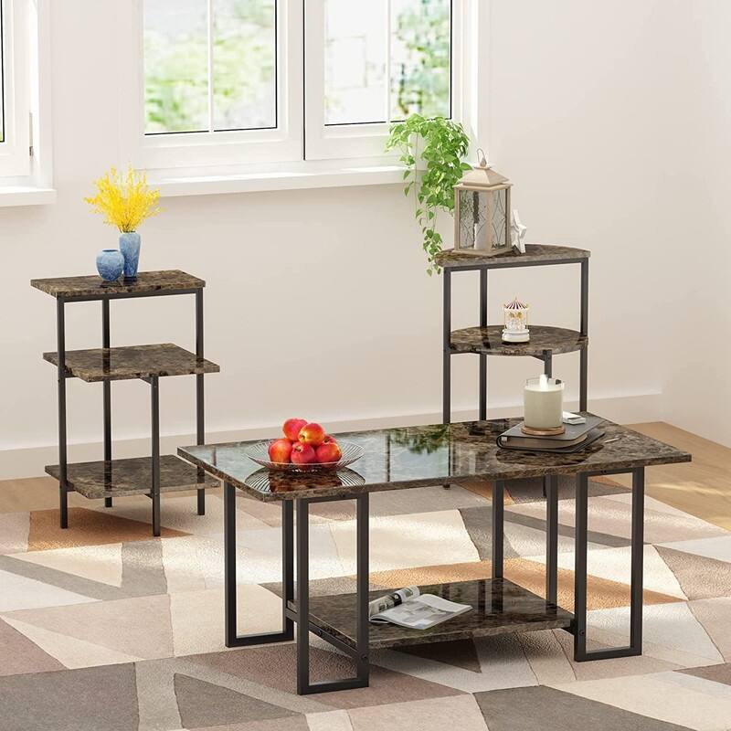 3 Pieces Faux Marble Coffee Table Set with 1 Coffee Table and 2 End Tables, Modern Sofa Side Table with Shelf, Cocktail Table