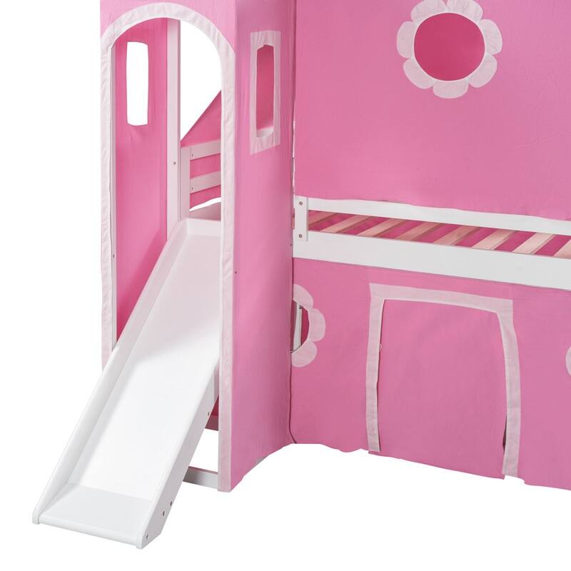 Kids Loft Bed with Slide and Tent, Twin/Full Size House Loft Bed with