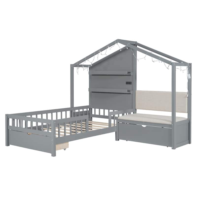 Grey Twin House Bed with Sofa and Charging