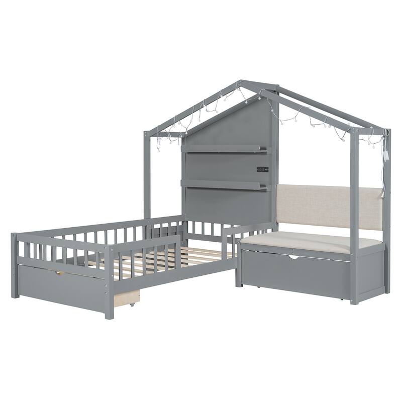 Twin Size House Bed with Upholstered Sofa, House Bed with Charging Station