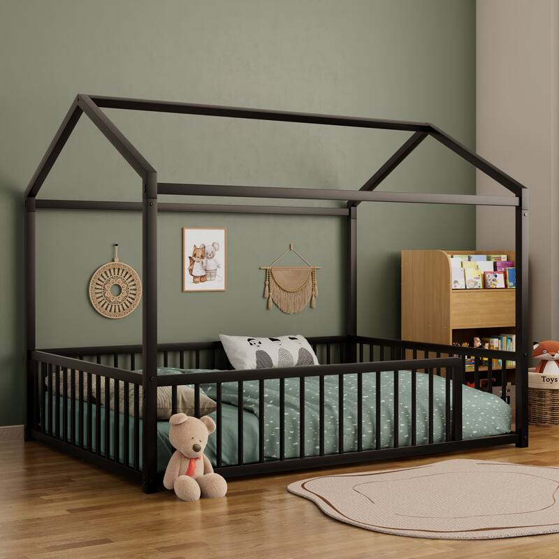 Montessori Metal House Bed with Low Entry & 3-Side Fence by Harper&Bright Designs - Black - Full