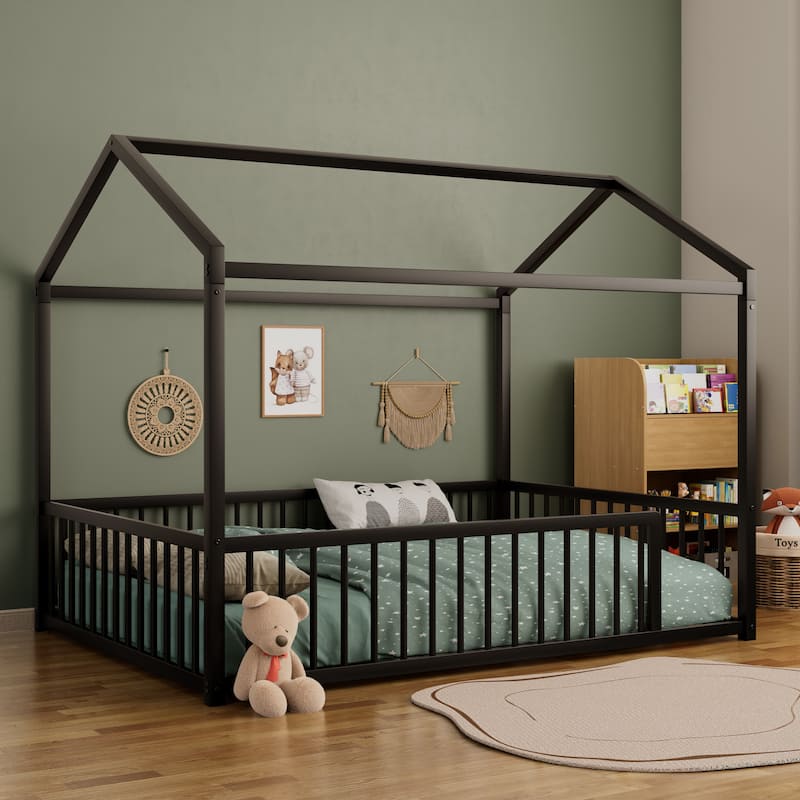 Montessori Style Metal Floor Bed Frame, House Shaped Bed for Kids and Toddlers, No Slats, House Bed
