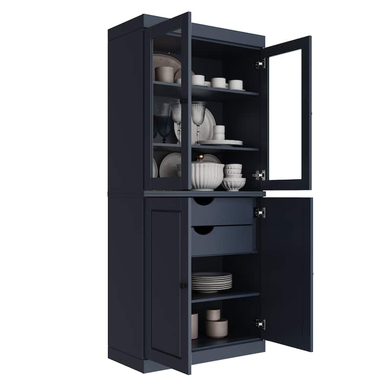 Palace Imports 100% Solid Wood Pantry Cabinet with Frosted, Clear Glass or Solid Doors, 2-Drawers and Adjustable Shelves