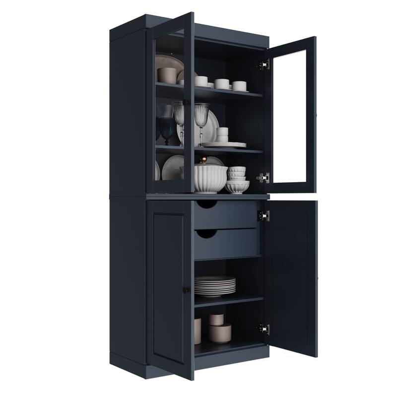 Palace Imports Solid Wood Pantry Cabinet, Raised Panel & Clear Glass Doors, 2 Drawers, Adjustable Shelves