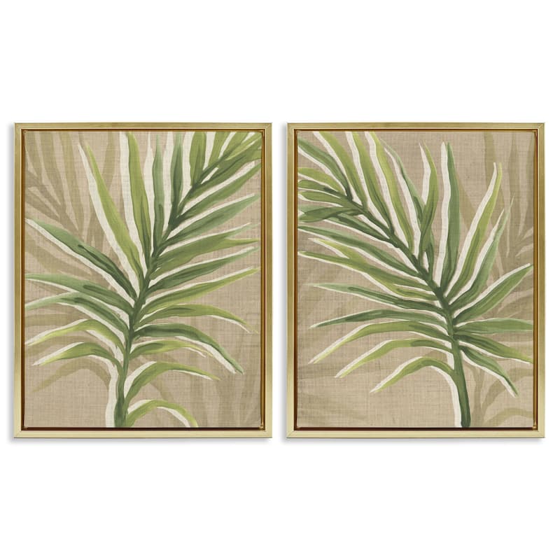 Stupell Natural Palm Leaves Framed Floater Canvas Wall Art Design By June Erica Vess (Set of 2) - 17 x 21 - Gold