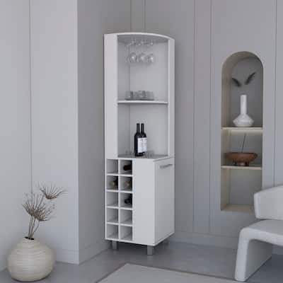 Corner Bar Cabinet With Four Shelves,Ten Wine Bottle Cubbies And Stemware,White