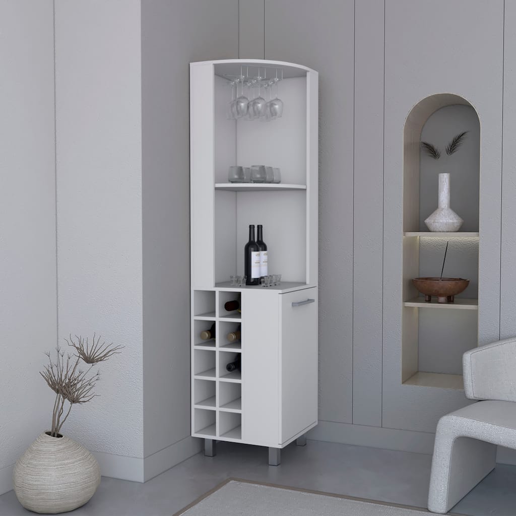 Corner Bar Cabinet With Four Shelves,Ten Wine Bottle Cubbies And Stemware,White