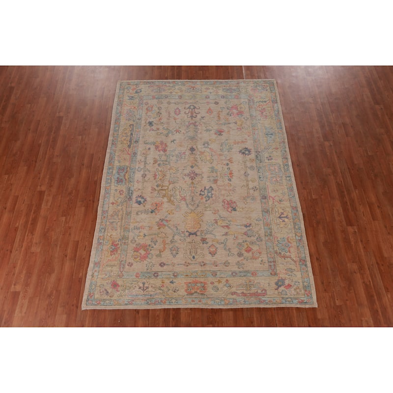 Hand Knotted Oriental 100% Wool Carpet Transitional All-Over Peach Oushak Area Rug - 8' 10'' X 6' 3''
