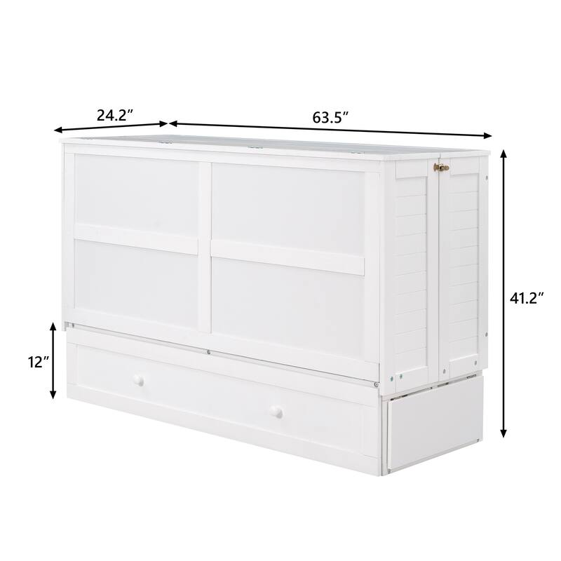 Queen Solid Pine Murphy Bed with Storage Drawer and Shelves
