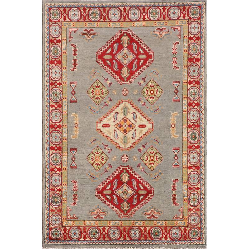 Geometric Kazak Accent Rug Hand-Knotted Oriental Wool Carpet - 3'3" x 5'0"