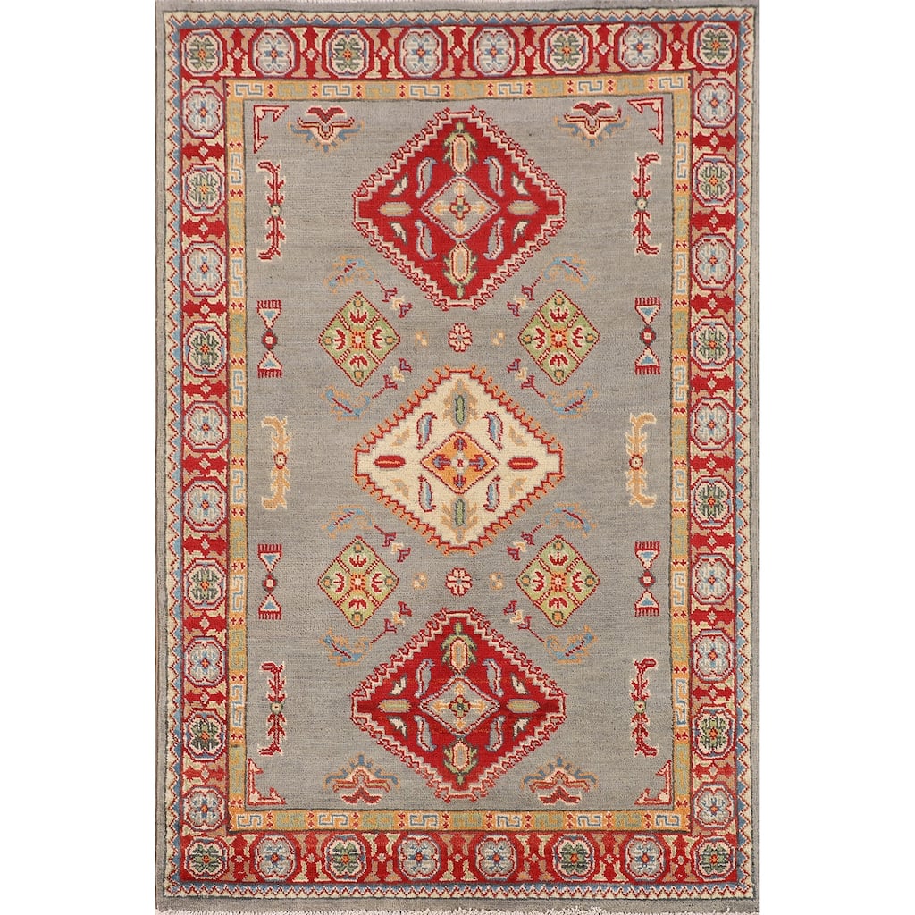 Geometric Kazak Accent Rug Hand-Knotted Oriental Wool Carpet - 3'3" x 5'0"