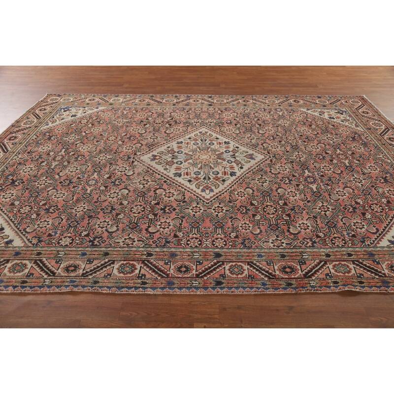 Geometric Pink Hamedan Vintage Persian Area Rug Handmade Wool Carpet - 7'5" x 10'4"