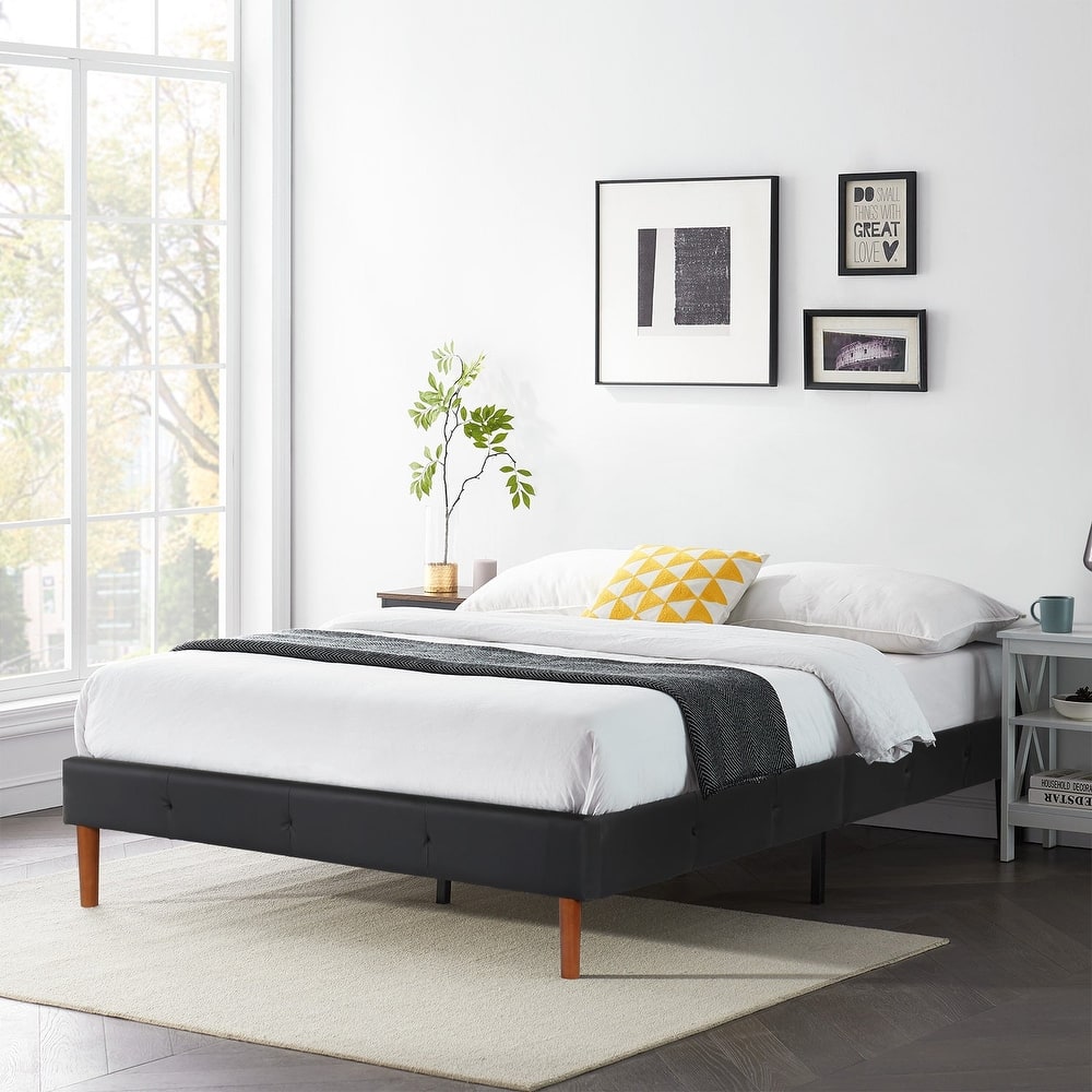 Faux Leather Platform Bed Frame with Wood Slats, No Box Spring Needed Mattress Foundation Twin/Full/Queen/King Size Bed Frame