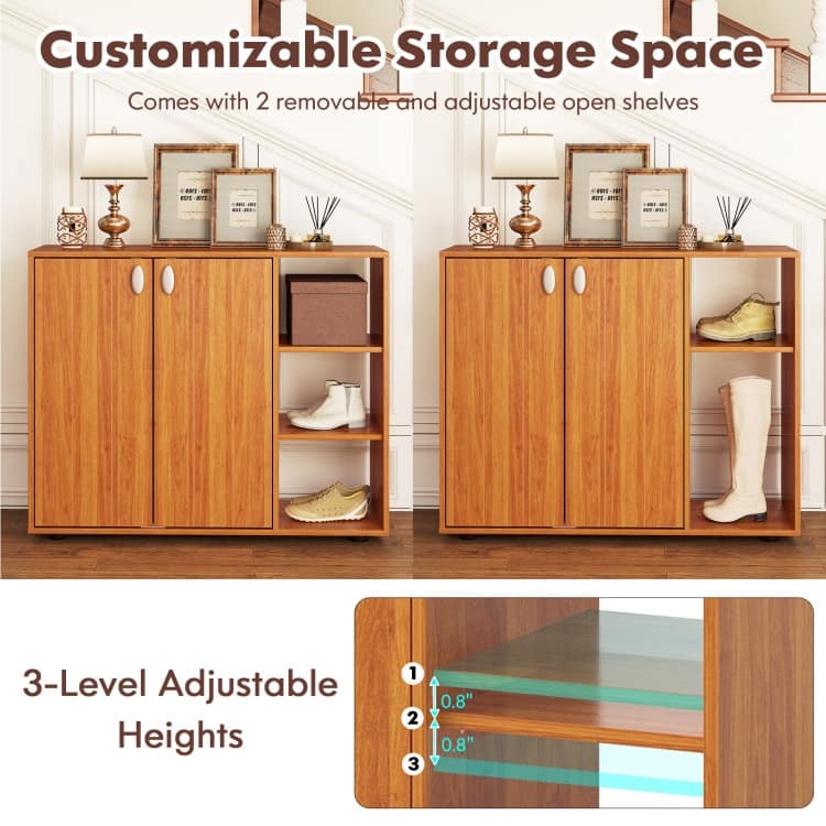 Shoe Storage Cabinet with Doors and Open Shelves Adjustable Wooden Entryway Organizer - 31.5" x 12" x 25.5"