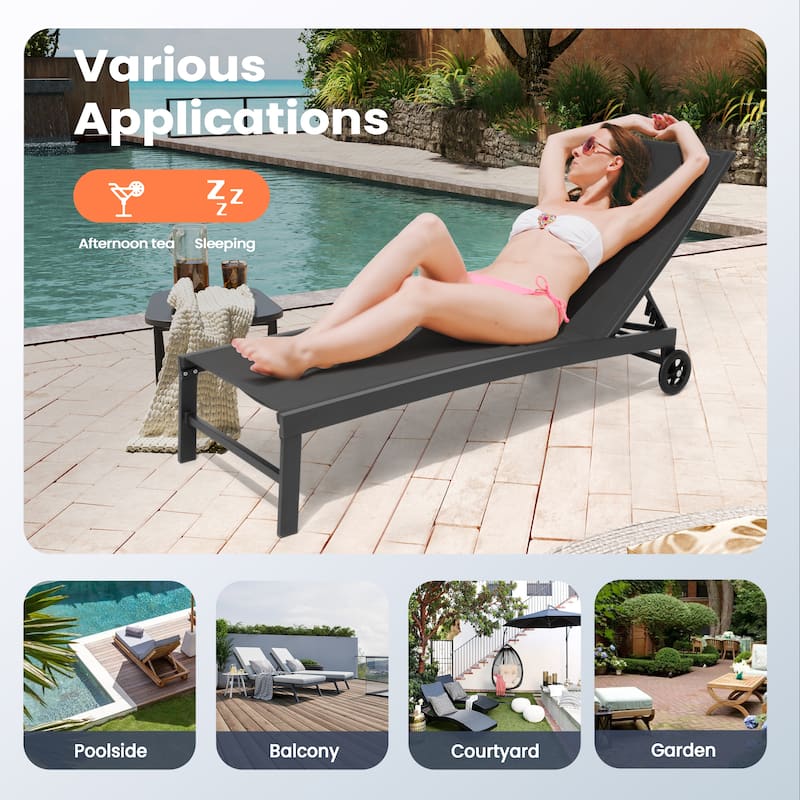 Patio Chaise Lounge Chair Adjustable Aluminum Outdoor Recliners with Wheel