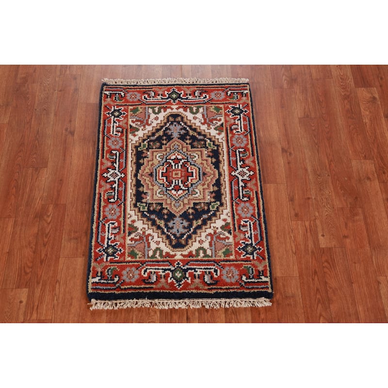 Hand Knotted Oriental 100% Wool Carpet Traditional Medallion Navy Blue & Blues Heriz (serapi) Area Rug - 3' 0'' X 2' 0''