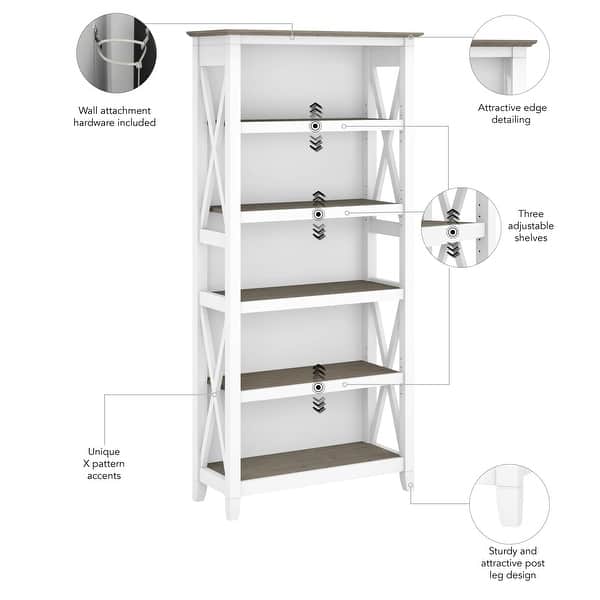 dimension image slide 7 of 15, Bush Furniture Key West Tall 5 Shelf Bookcase with Adjustable Shelves