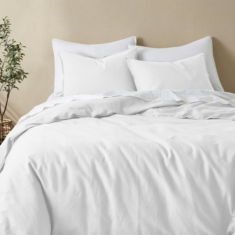 Flax Linen Cotton Blend Duvet Cover Set, Durable, and Moisture-Wicking, 3 Piece Bedding Set - Full - Queen - White