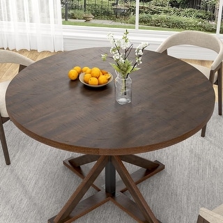 Round Wooden Dining Table with Metal Support, 47 Inch Rustic Kitchen ...