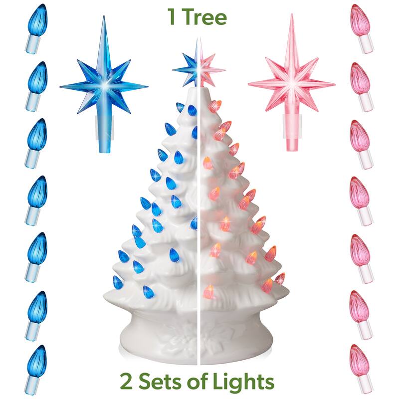 15in White Ceramic Christmas Tree Hand Painted PreLit with Star