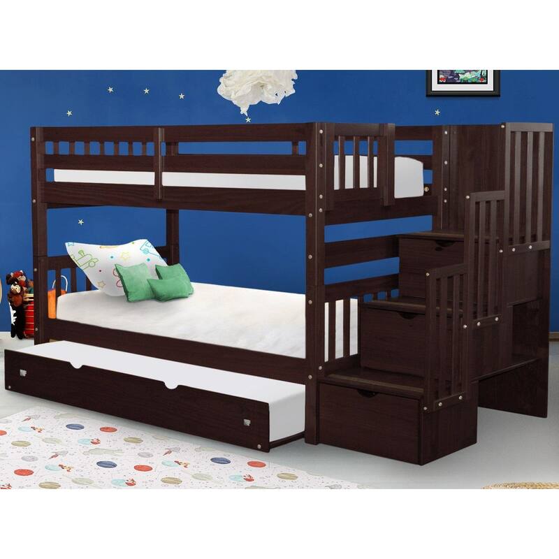 Taylor & Olive Trillium Twin over Twin Stairway Bunk Bed, Twin Trundle - Dark Cherry