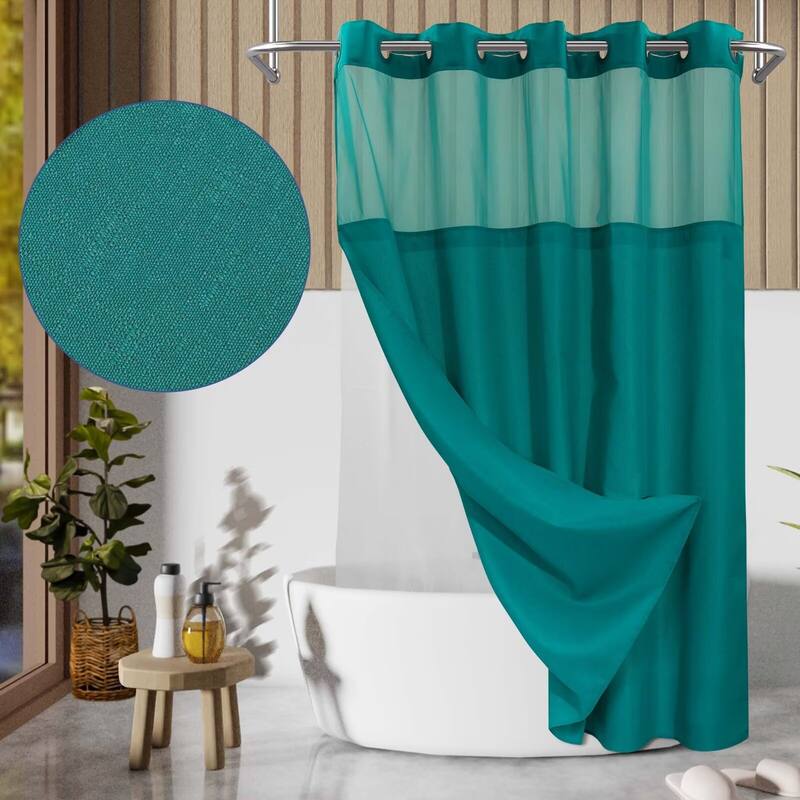 No Hook Slub Linen Texture Shower Curtain with PEVA Snap-in Liner