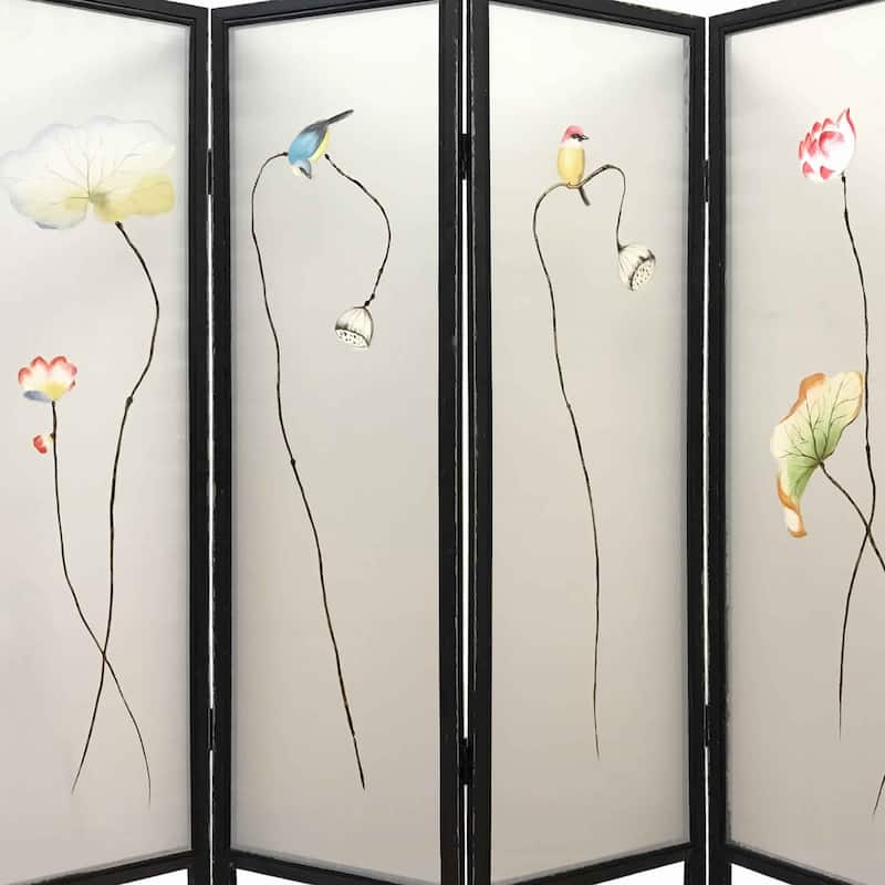 4 Panel Wooden Screen with Hand painted Fabric Design, Brown & Beige