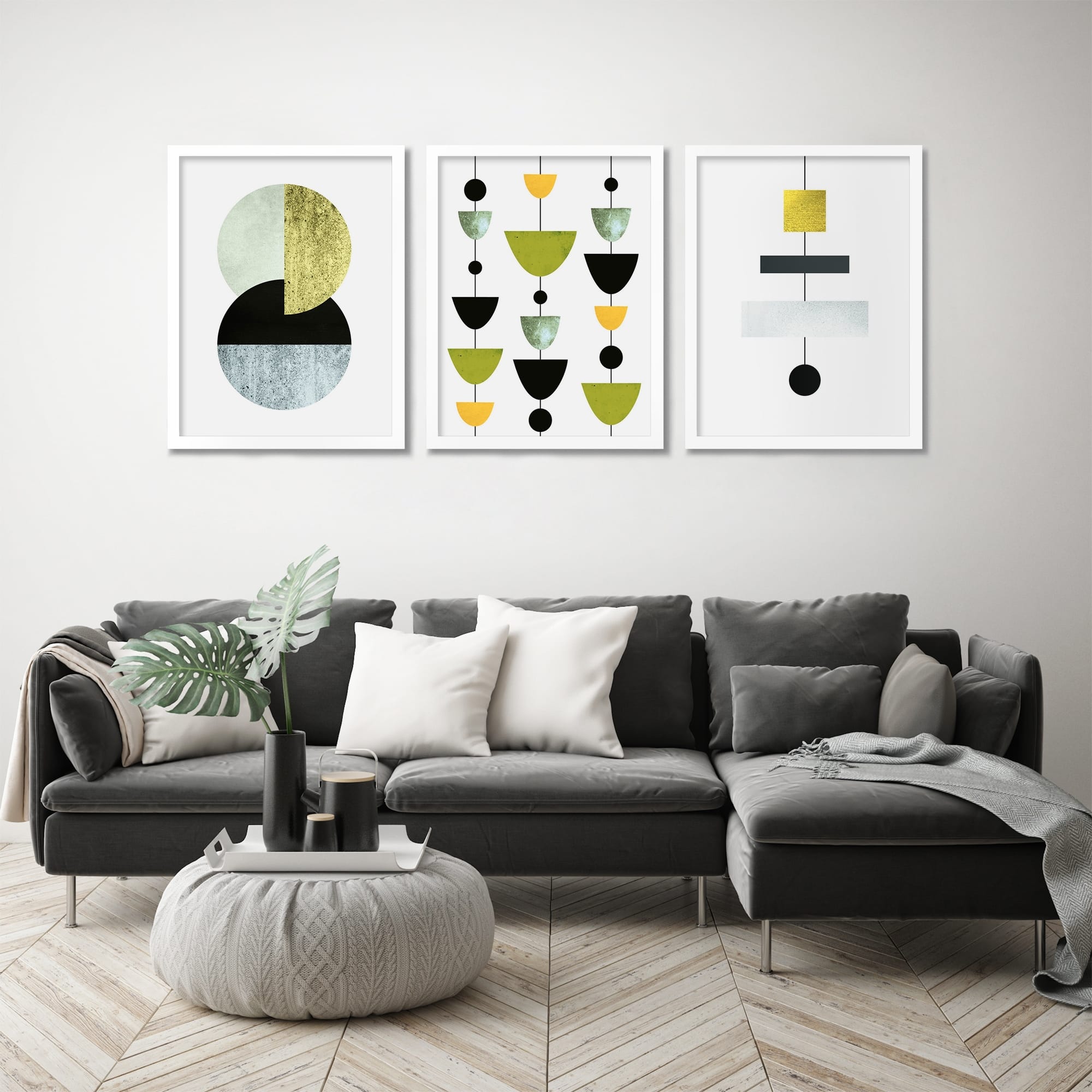 Golden Minimalist Shapes 3 Piece Framed Print Wall Art Set Bed Bath