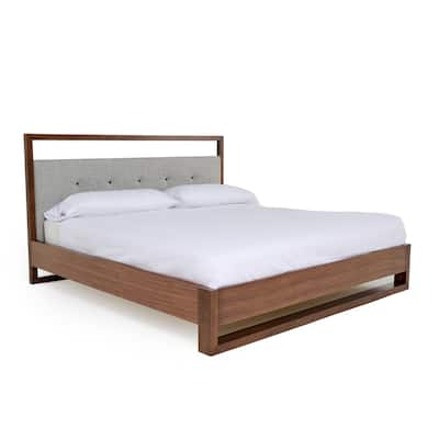 Cear Queen Size Bed, Gray Tufted Panel Headboard with Cutout, Gray Brown