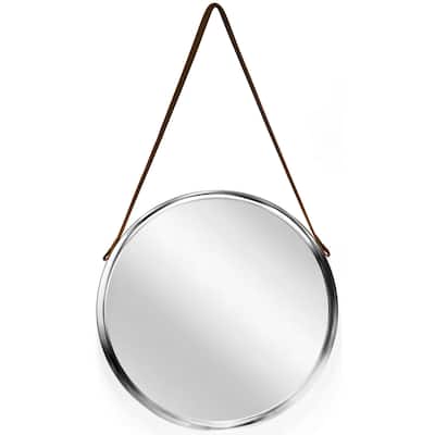 Decorative Silver 18 inch Mirror with Convex Frame and Hanging Strap - 18 x 2 x 18 - 18 x 2 x 18