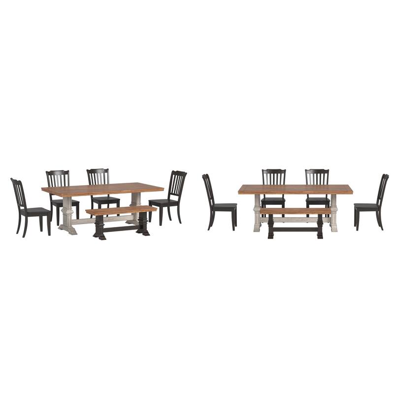 Ronda 78" Rectangular Solid Wood Top Dining Set with Spindle Back Chairs - Antique White Table - Antique Black Chairs and Bench