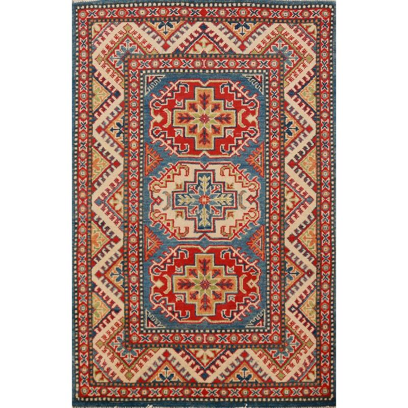 Blue Kazak Foyer Rug Hand-Knotted Traditional Wool Carpet - 2'8"x 4'1"