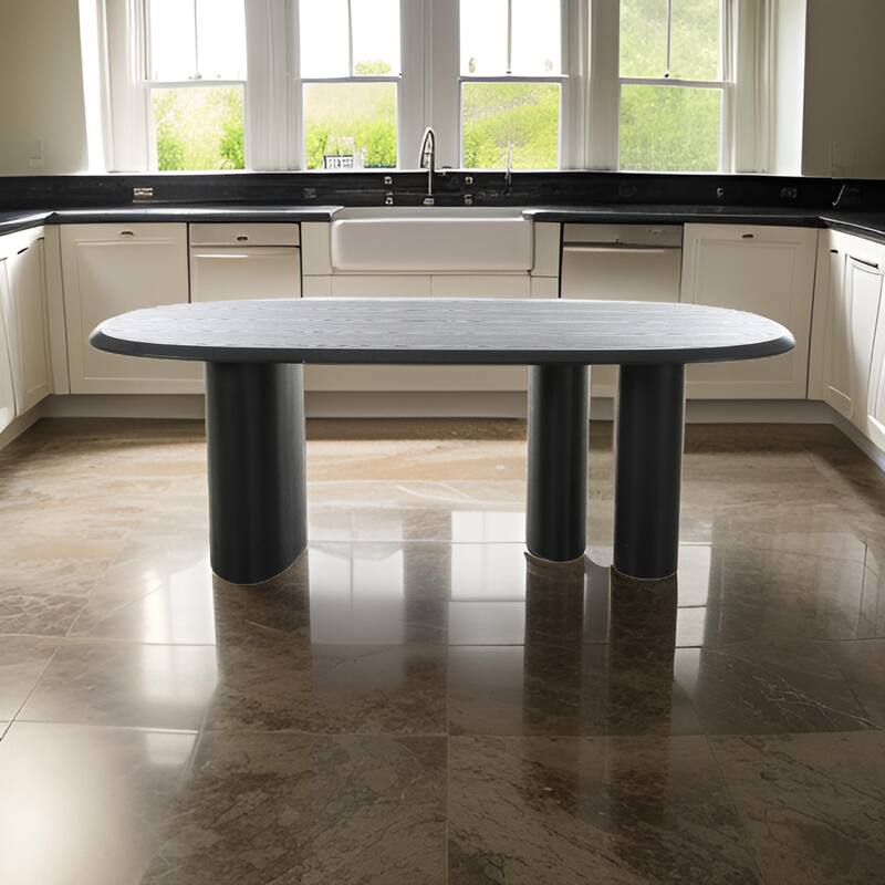 Cid Sami 87 Inch Dining Table, Triple Pedestal Legs, Black Solid Wood Frame