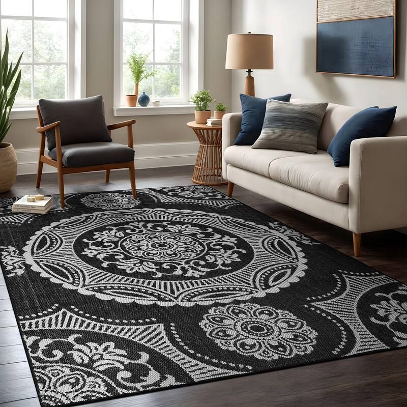 Beverly Rug Blue Medallion Indoor Outdoor Rug, Outside Carpet for Patio, Deck, Porch